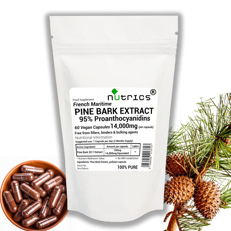 NutricsÂ® 14,000mg (per Capsule) French Maritime Pine BARK Extract 95% Proanthocyanidins Pure 60 Vegan Capsules (2 Month Supply) Free from fillers Binders & Bulking Agents